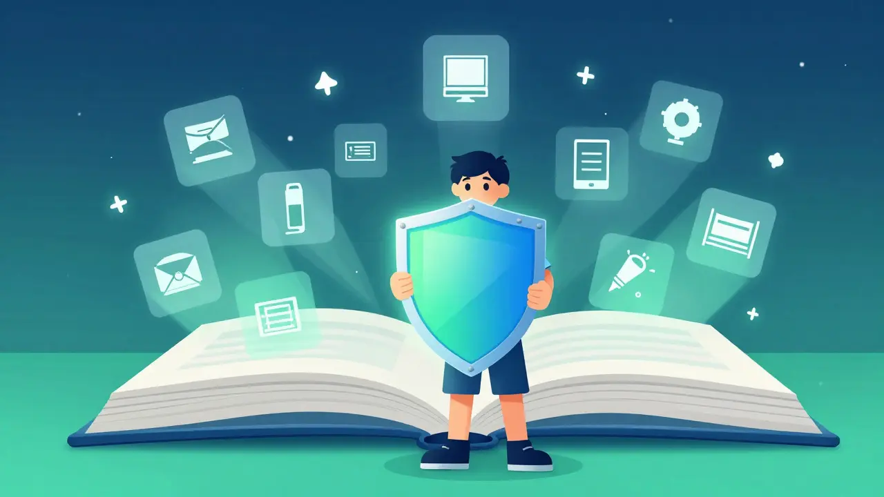 Enfant avec un bouclier numérique et des livres se transformant en icônes vidéo
