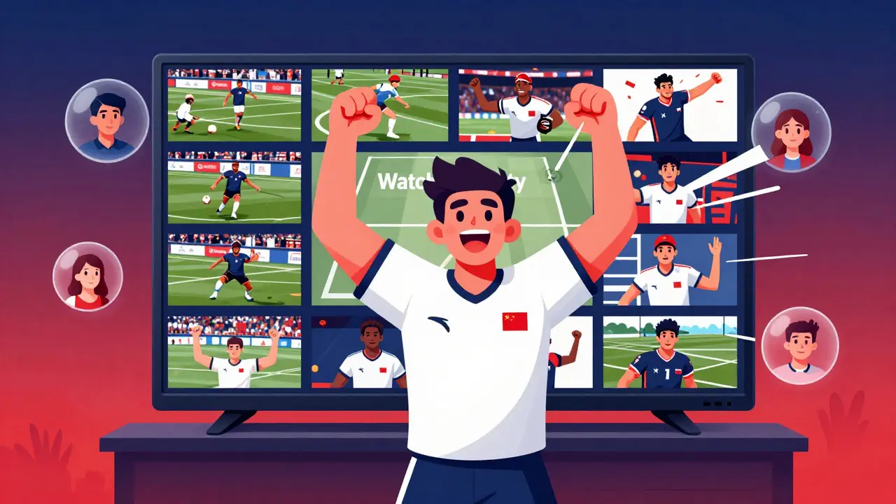 Fan de sport célébrant devant plusieurs matchs en direct à la télévision