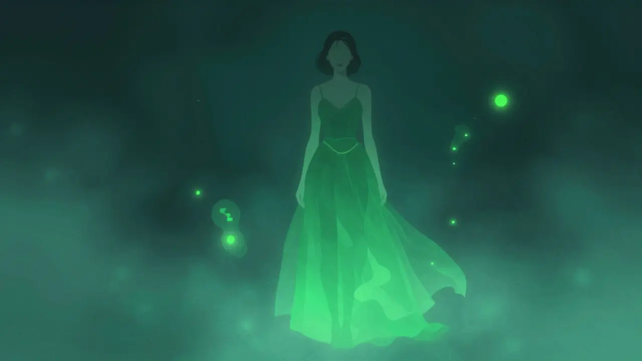 Femme fantomatique en robe verte dans une atmosphère mystérieuse et néon