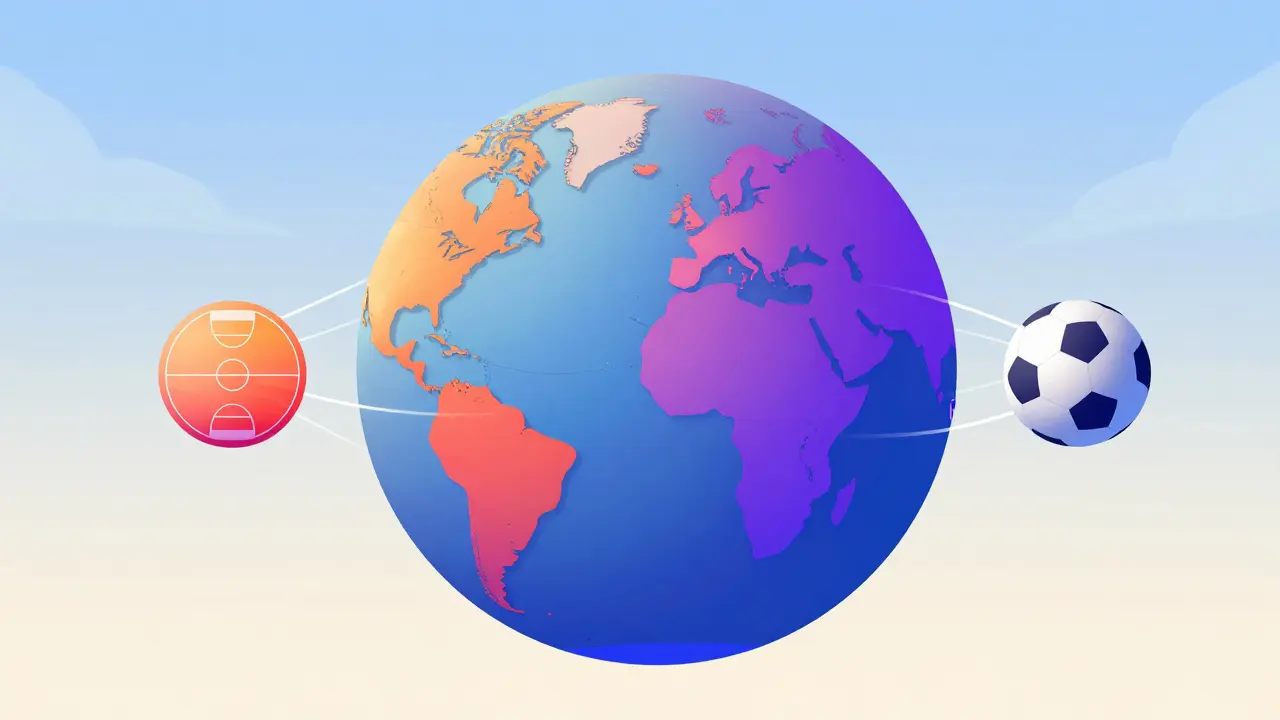 Globe stylisé montrant les différences de droits sportifs USA vs Europe