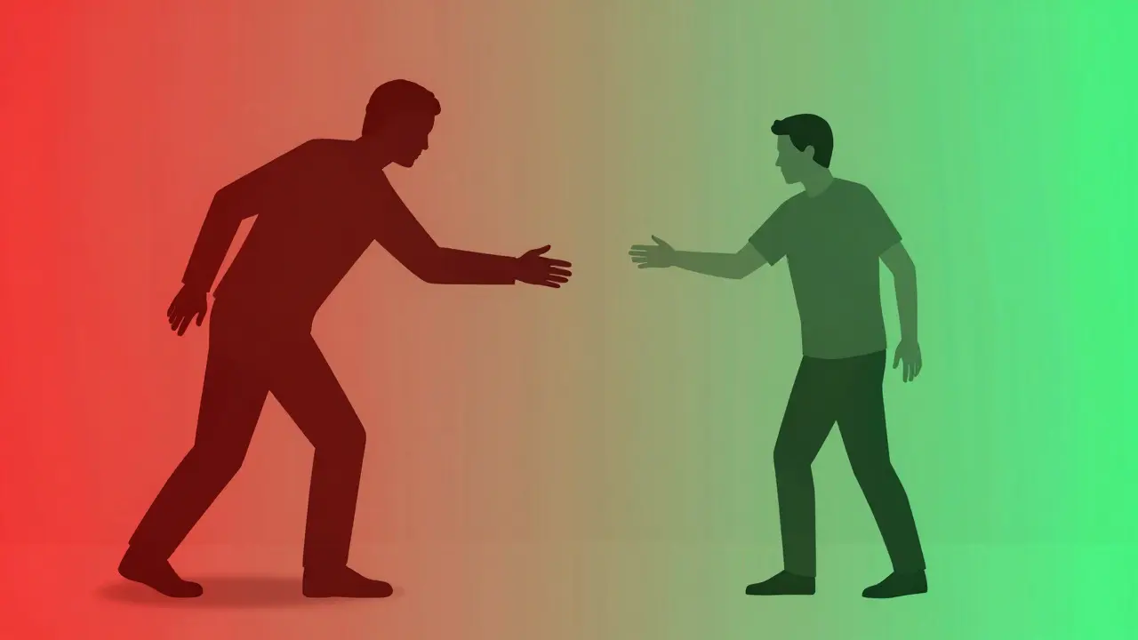 Homme pris entre l'illusion verte et la réalité rouge, symbole d'obsession