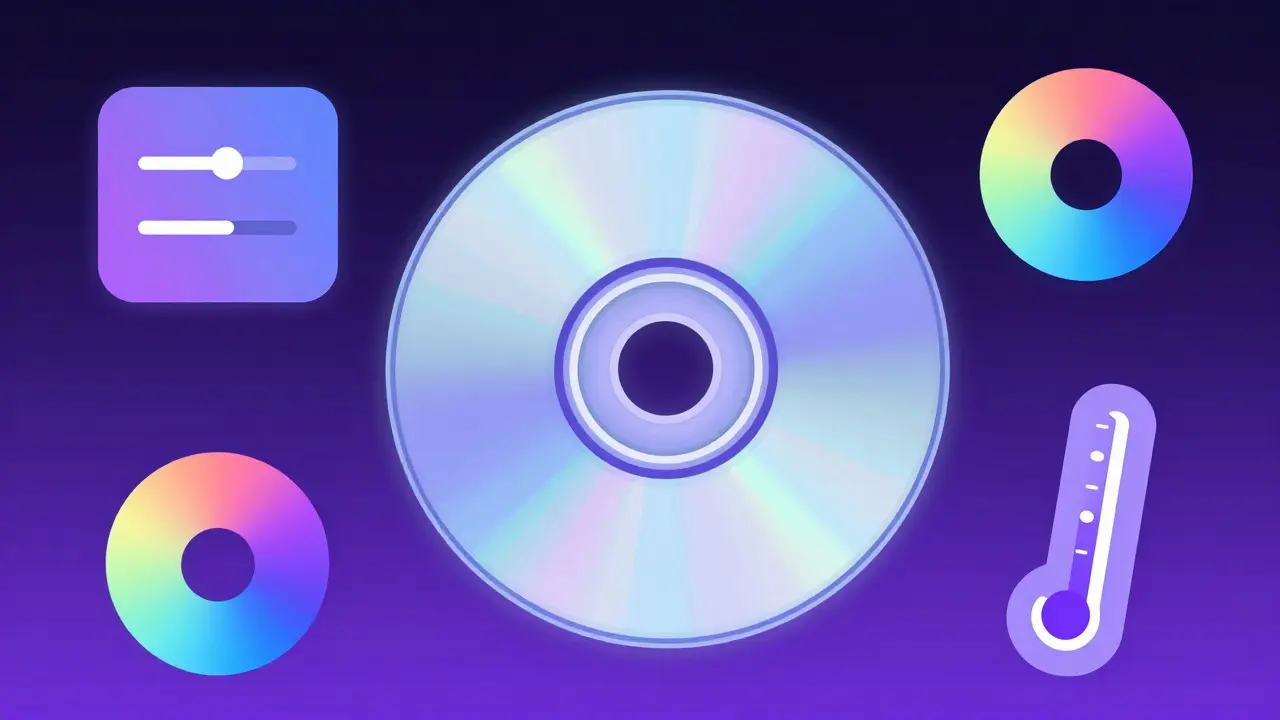 Illustration abstraite d'un disque de calibration avec des icônes de réglages lumineux.