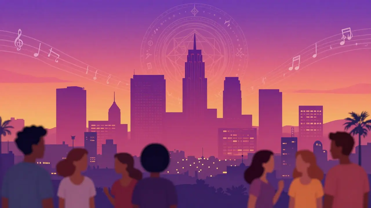 Illustration abstraite de LA avec symboles musicaux et urbains