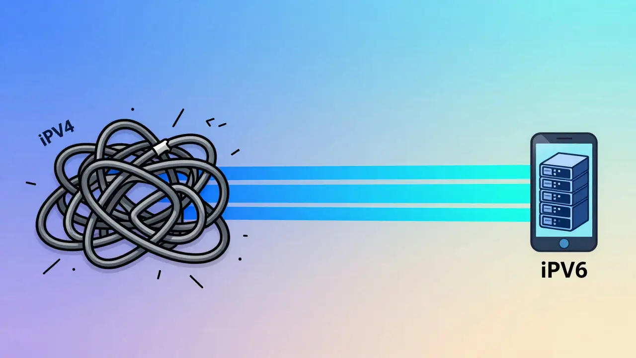 Illustration comparant les connexions réseau complexes IPv4 et directes IPv6.