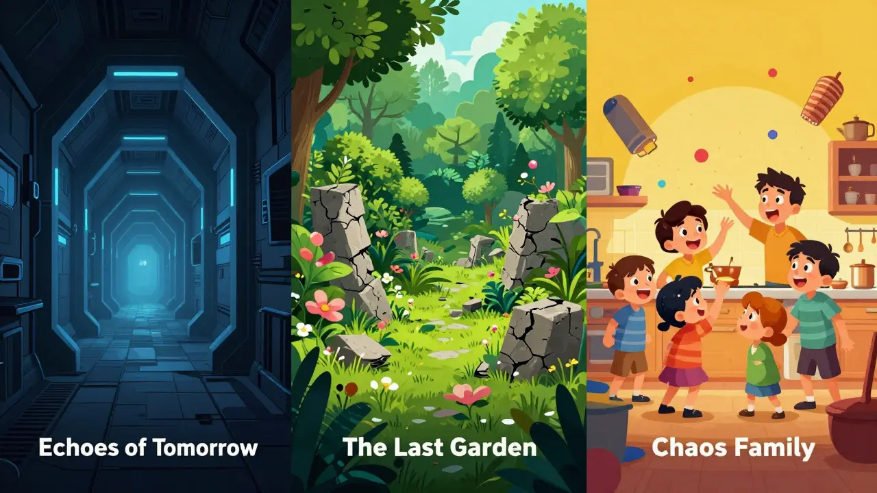 Illustration divisée en trois scènes : couloir sci-fi sombre, jardin luxuriant sur ruines et cuisine familiale chaotique
