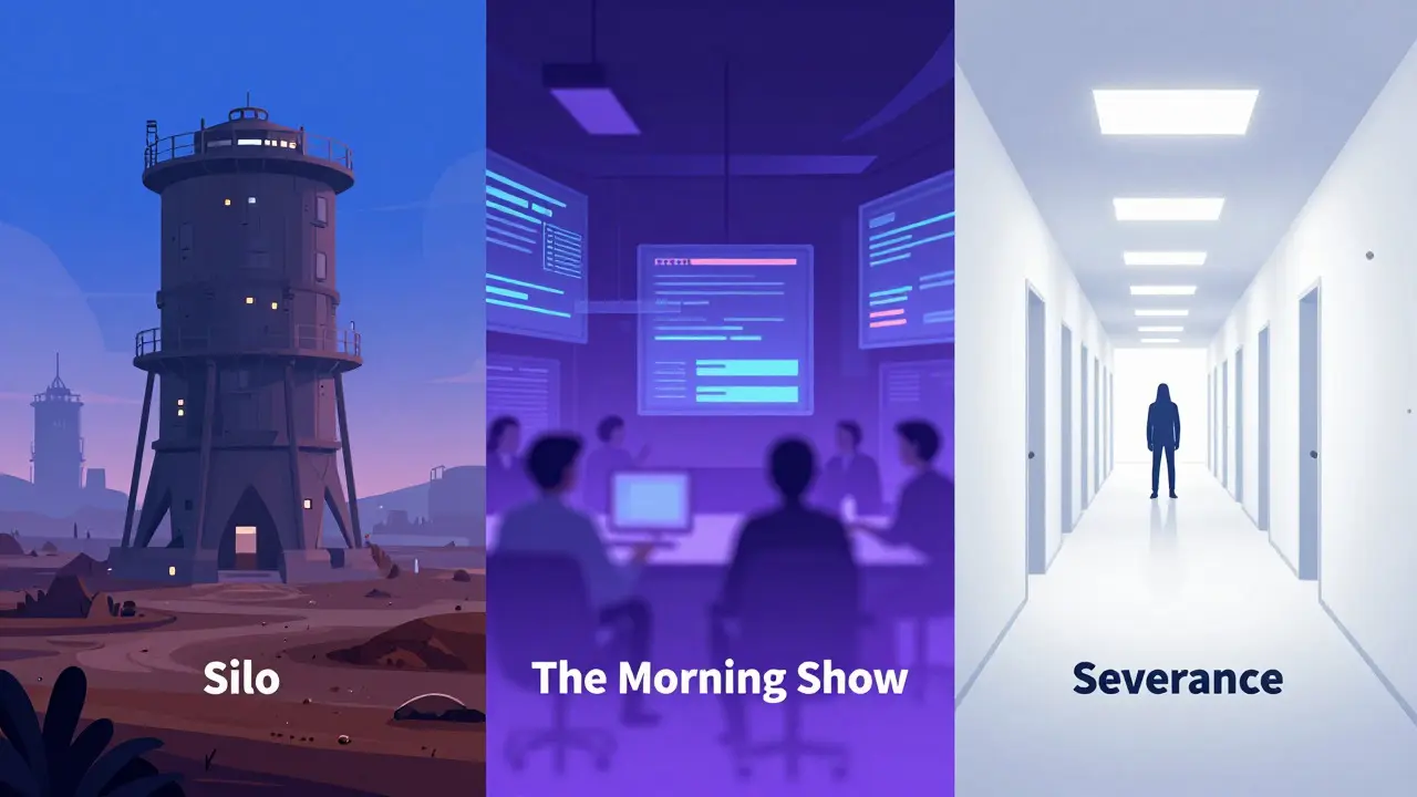 Illustration divisée montrant Silo, The Morning Show et Severance en dégradé