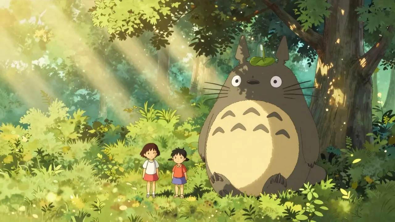 Les filles et Totoro sous un arbre ensoleillé