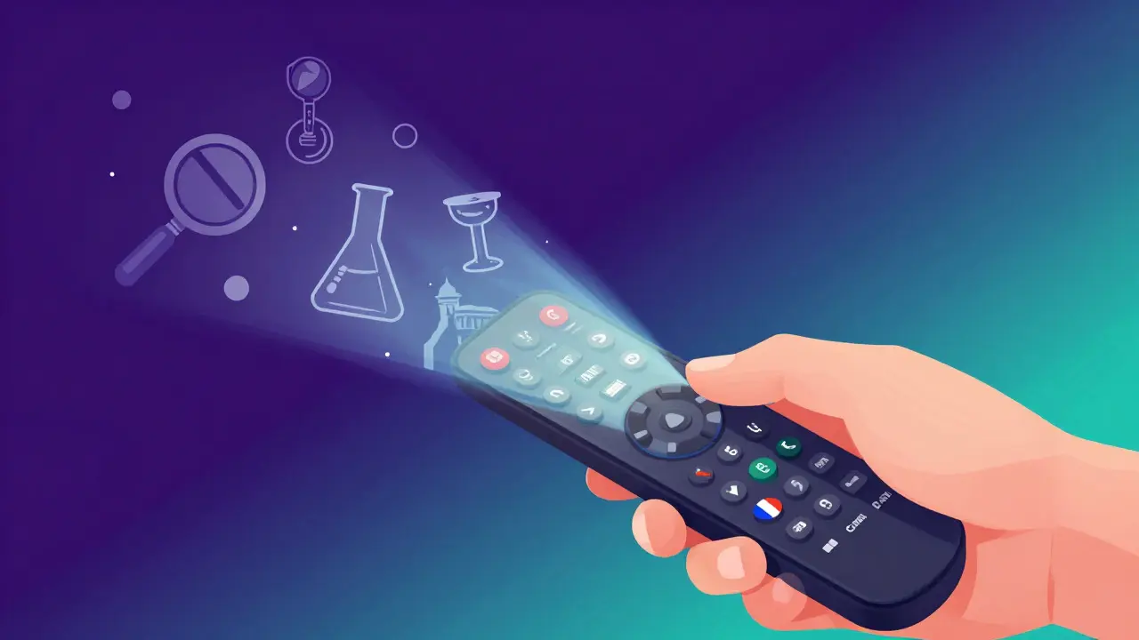 Main tenant une télécommande émettant des symboles de genres variés