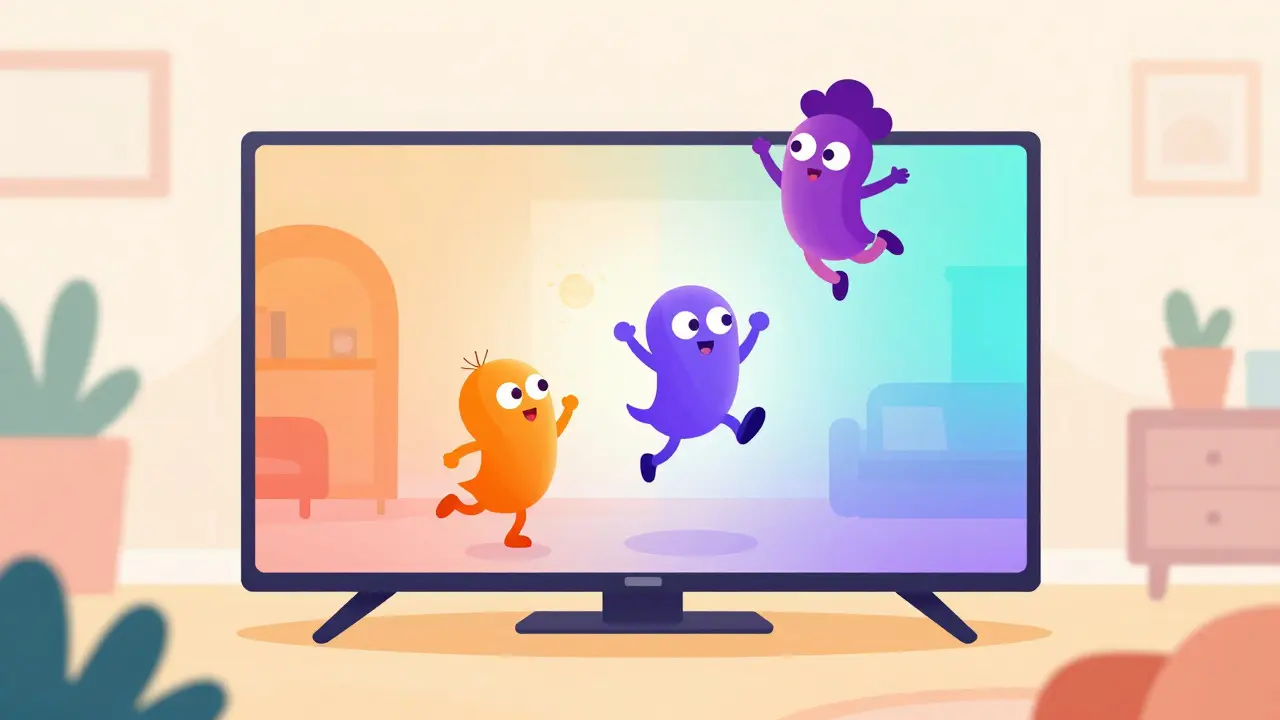Personnages de dessin animé sortant d'une télévision dans un style dégradé