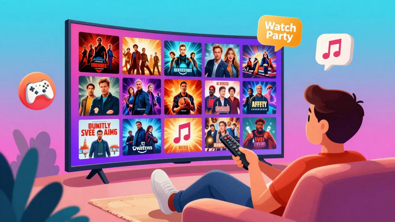 Personne détendue devant une TV affichant des contenus variés et des fonctionnalités
