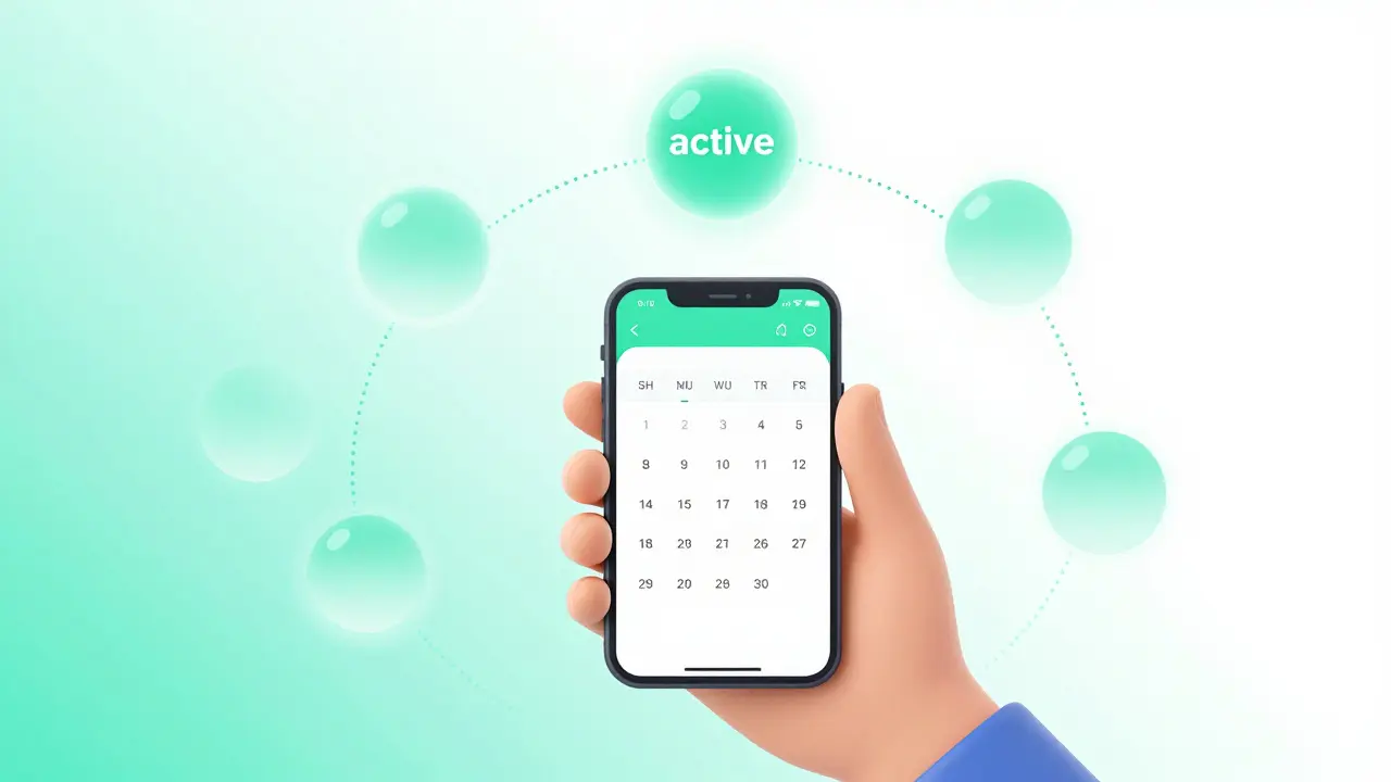 Personne tenant un smartphone avec calendrier, entouré d'orbes flottants représentant la gestion des abonnements