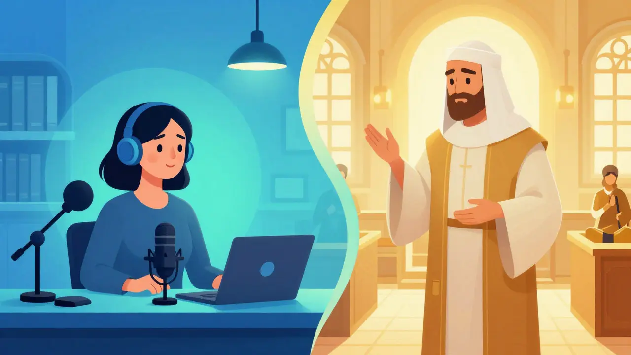 Portrait divisé : podcasteuse athée vs rabbin spirituel en dégradés