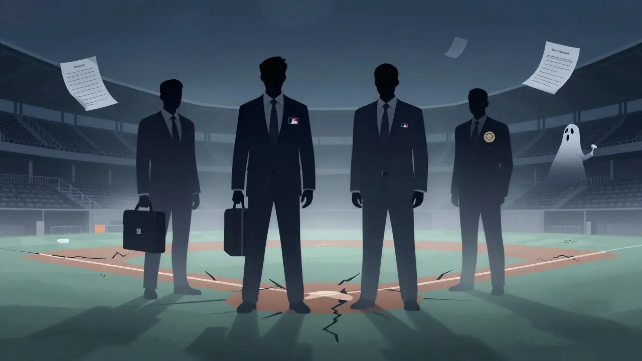 Quatre silhouettes mystérieuses autour d'un terrain de baseball fissuré