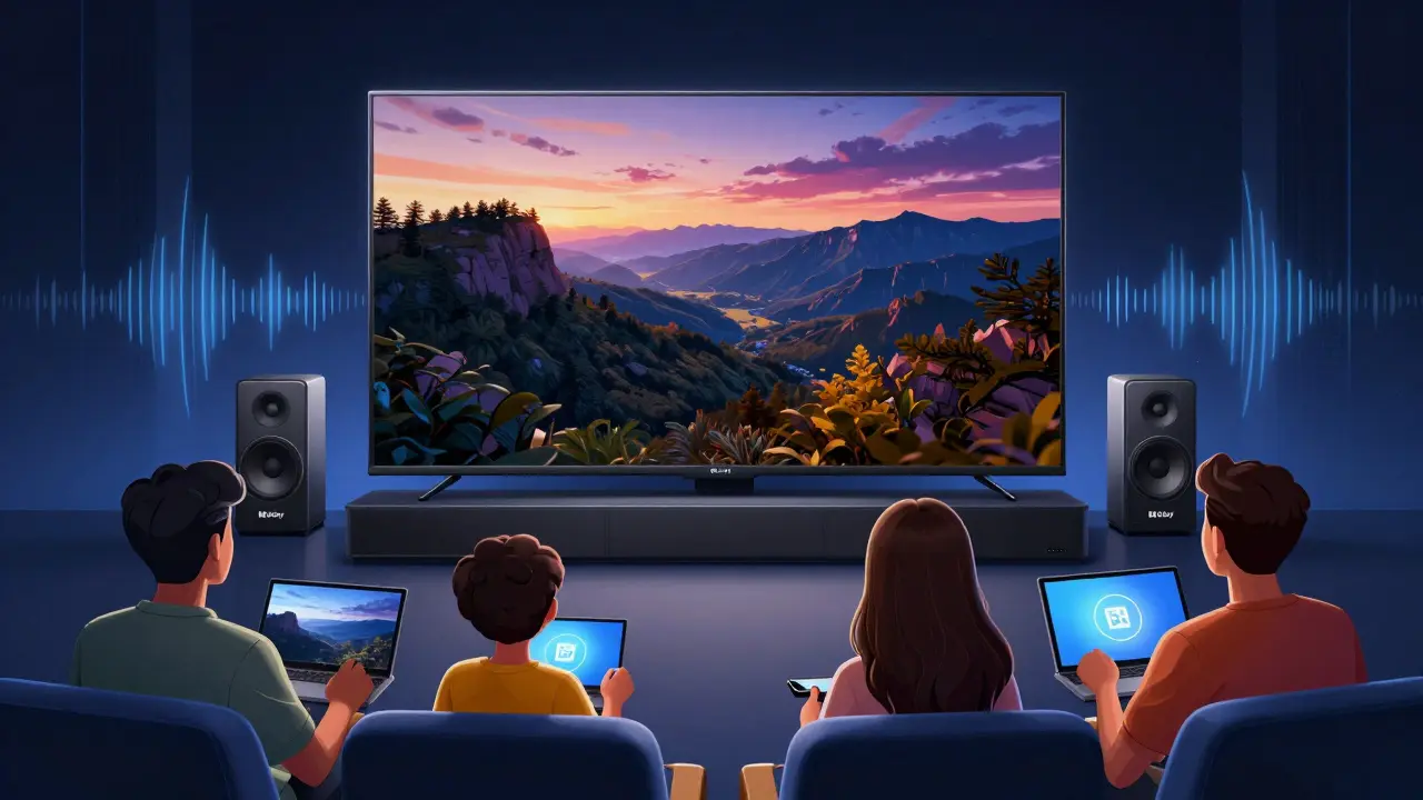 Salle de cinéma maison 4K avec quatre personnes regardant simultanément