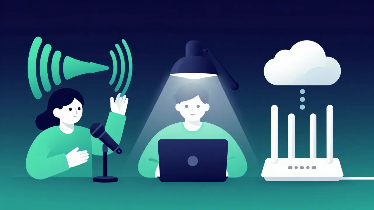 Scène illustrée montrant la préparation technique : micro, lumière et connexion internet