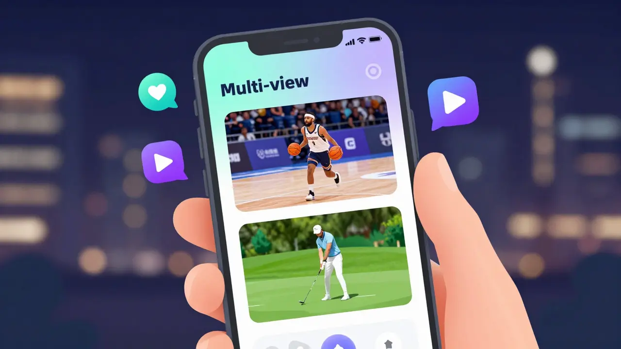 Smartphone affichant l'application de sport avec vue multiple et notifications