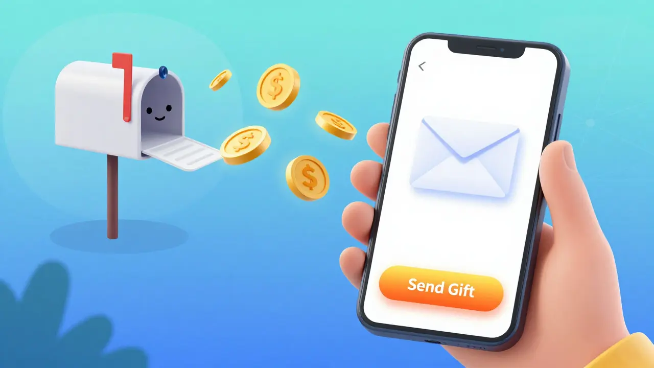 Smartphone envoyant un code cadeau numérique vers une boîte aux lettres stylisée