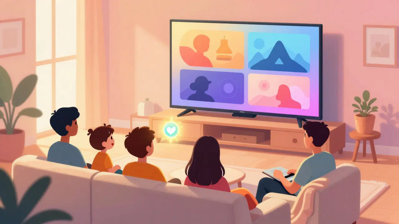 Une famille regardant la télévision dans un salon confortable, éclairé par des couleurs vives et douces