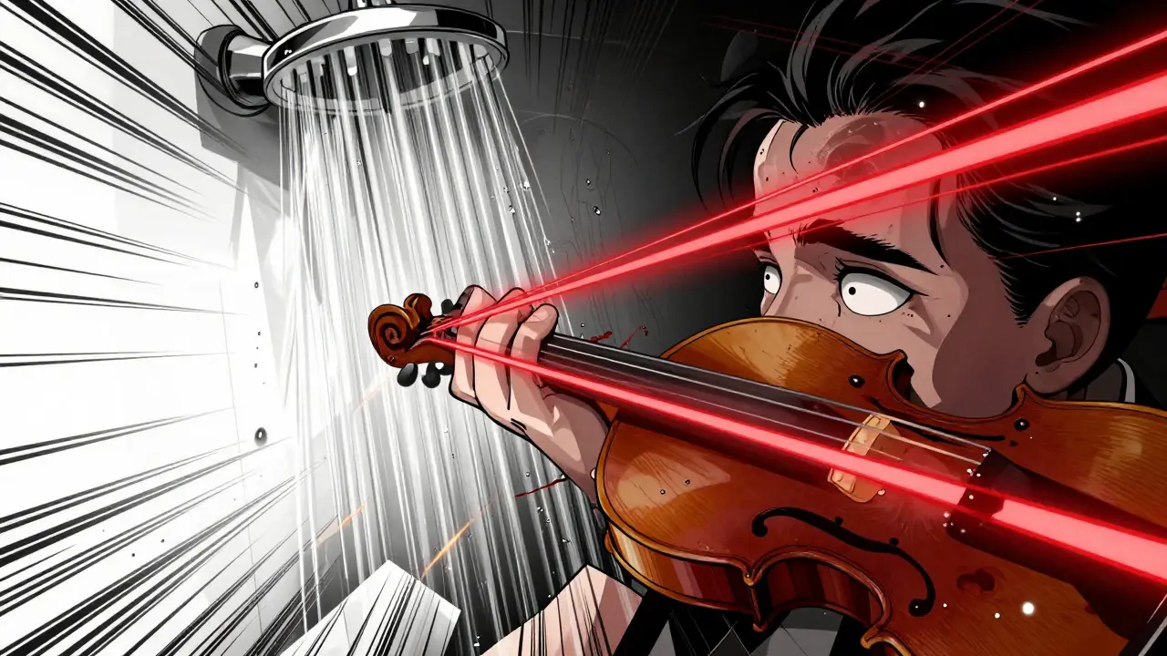 Abstraction géométrique évoquant la scène de douche et la musique