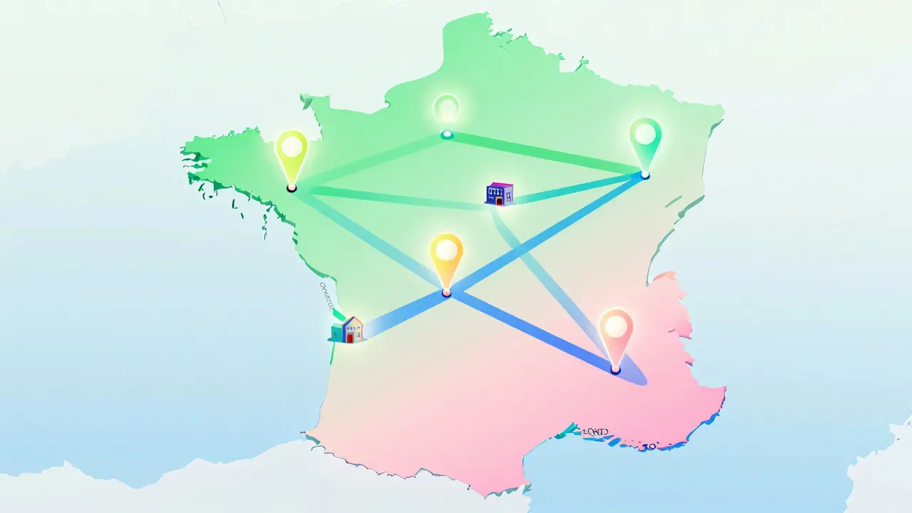 Carte stylisée de la France avec des villes clés pour la distribution locale