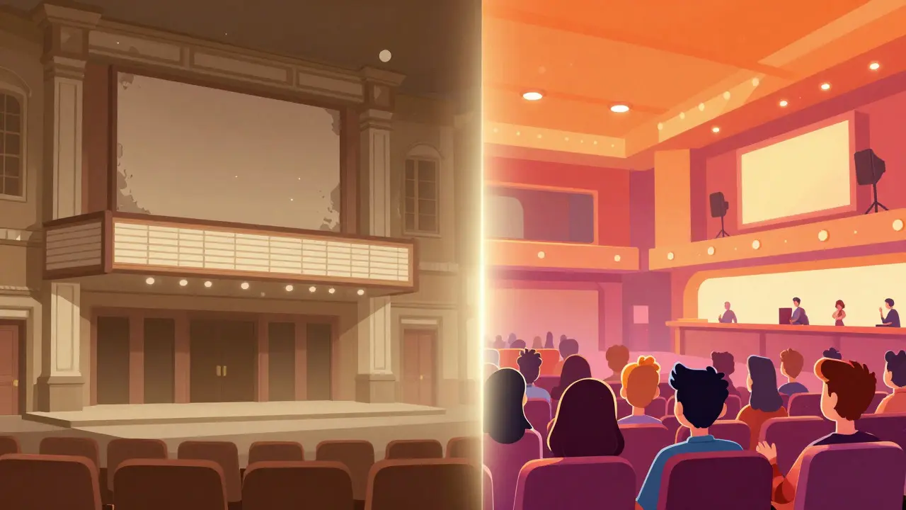 Comparaison graphique entre un vieux cinéma vide et un multiplexe moderne