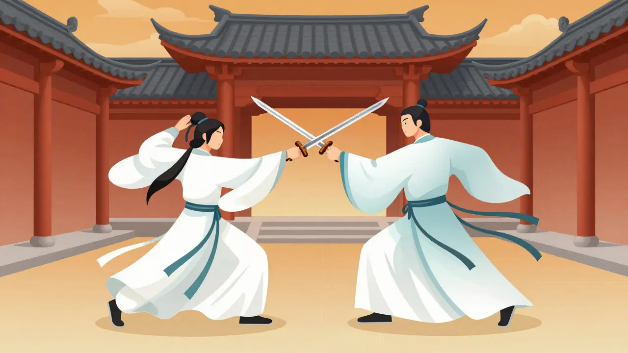Duel élégant et symétrique entre deux sabreurs chinois