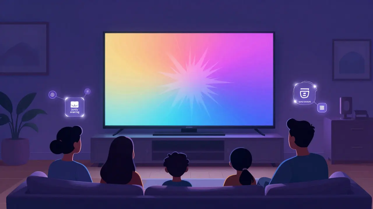Famille regardant un téléviseur dans une pièce baignée de lumières violettes et bleues