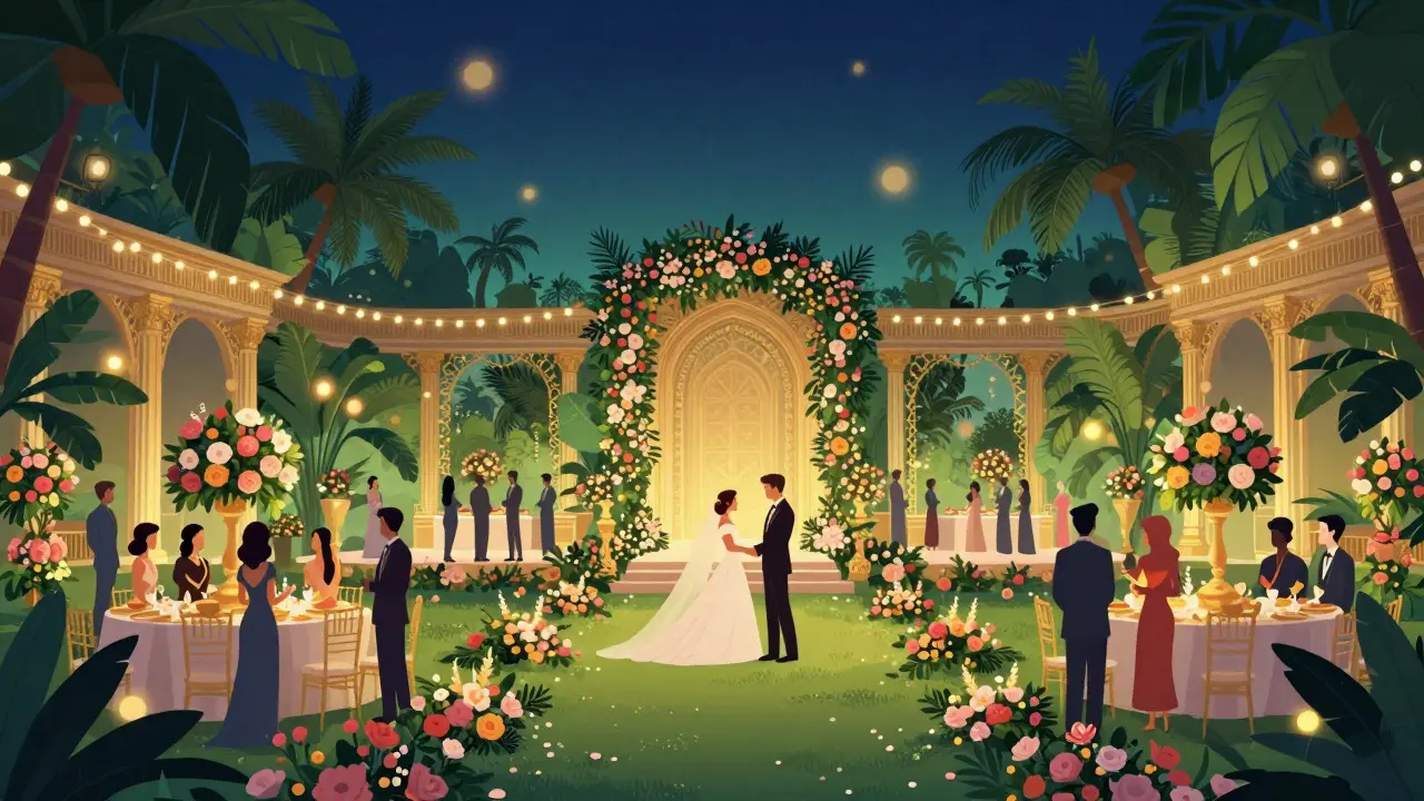 Illustration d'un mariage luxueux en plein air avec des jardins tropicaux et des lumières dorées