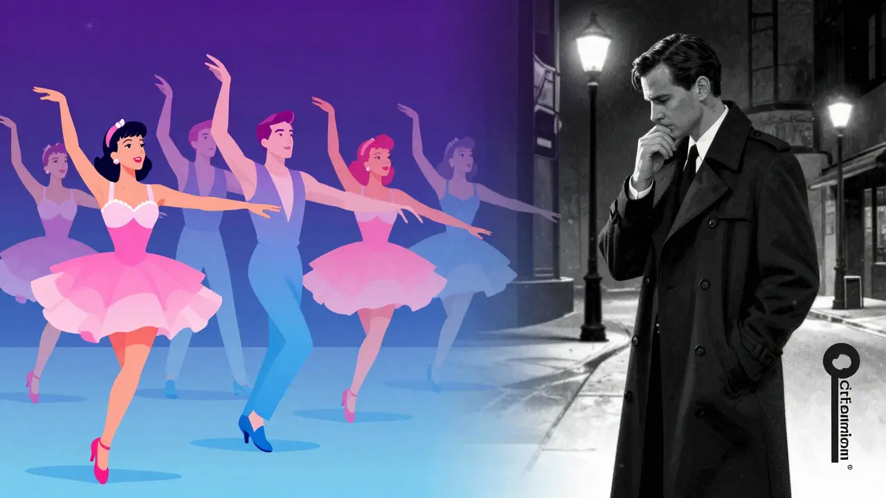 Illustration divisée entre musique hollywoodienne colorée et film noir élégant