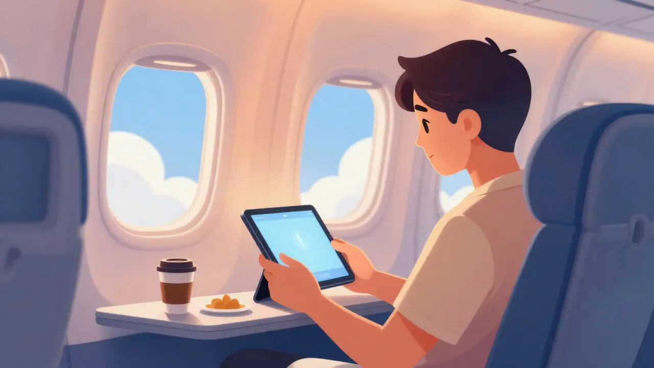 Passager regardant un film sur tablette dans un avion, style cartoon dégradé