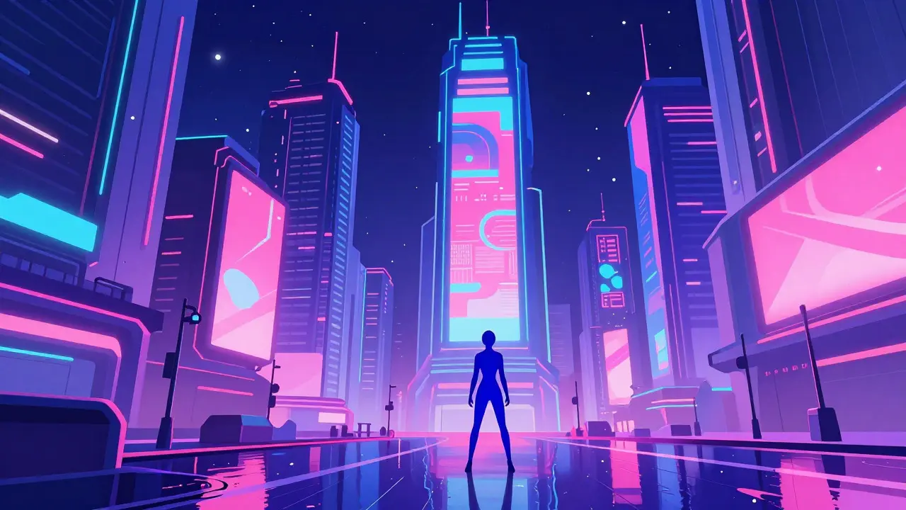 Paysage urbain futuriste néon avec un personnage stylisé dans un style cartoon dégradé.