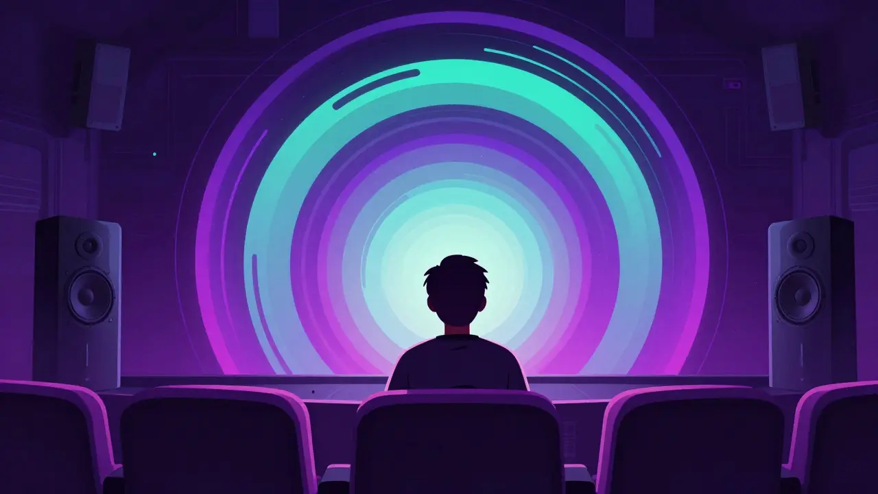 Personnage stylisé entouré de vagues sonores colorées en style dégradé