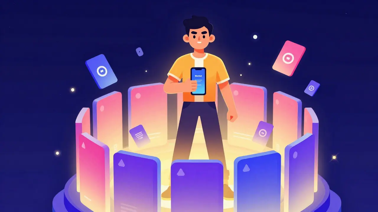 Personne confiante derrière une forteresse de cartes virtuelles sécurisées