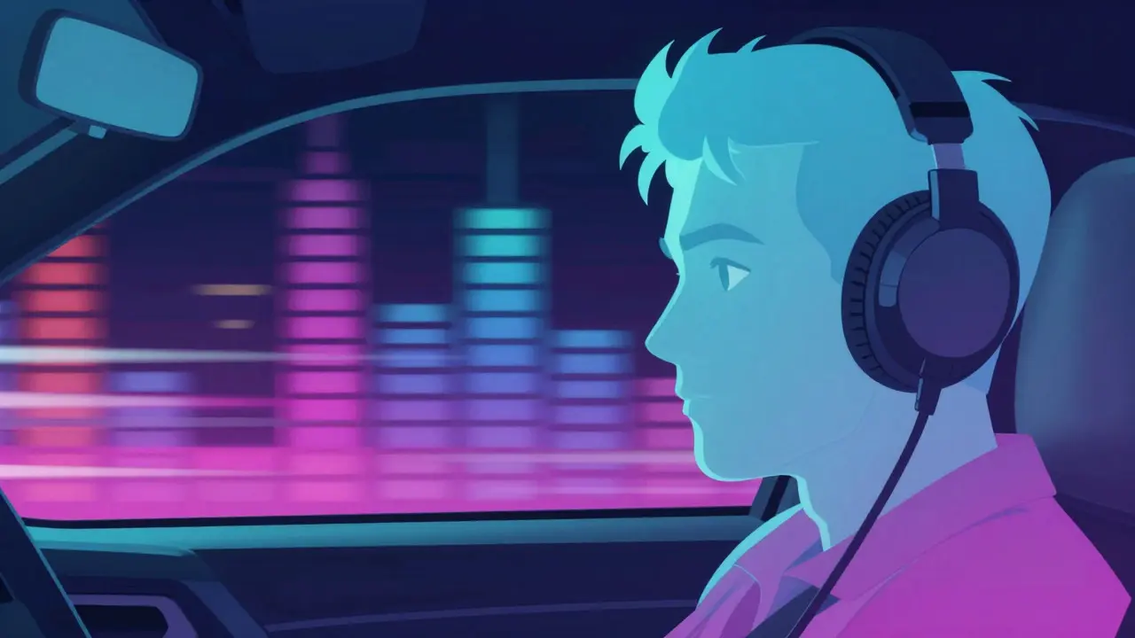 Pilote concentré avec écouteurs, fond abstrait simulant des ondes sonores en dégradé.