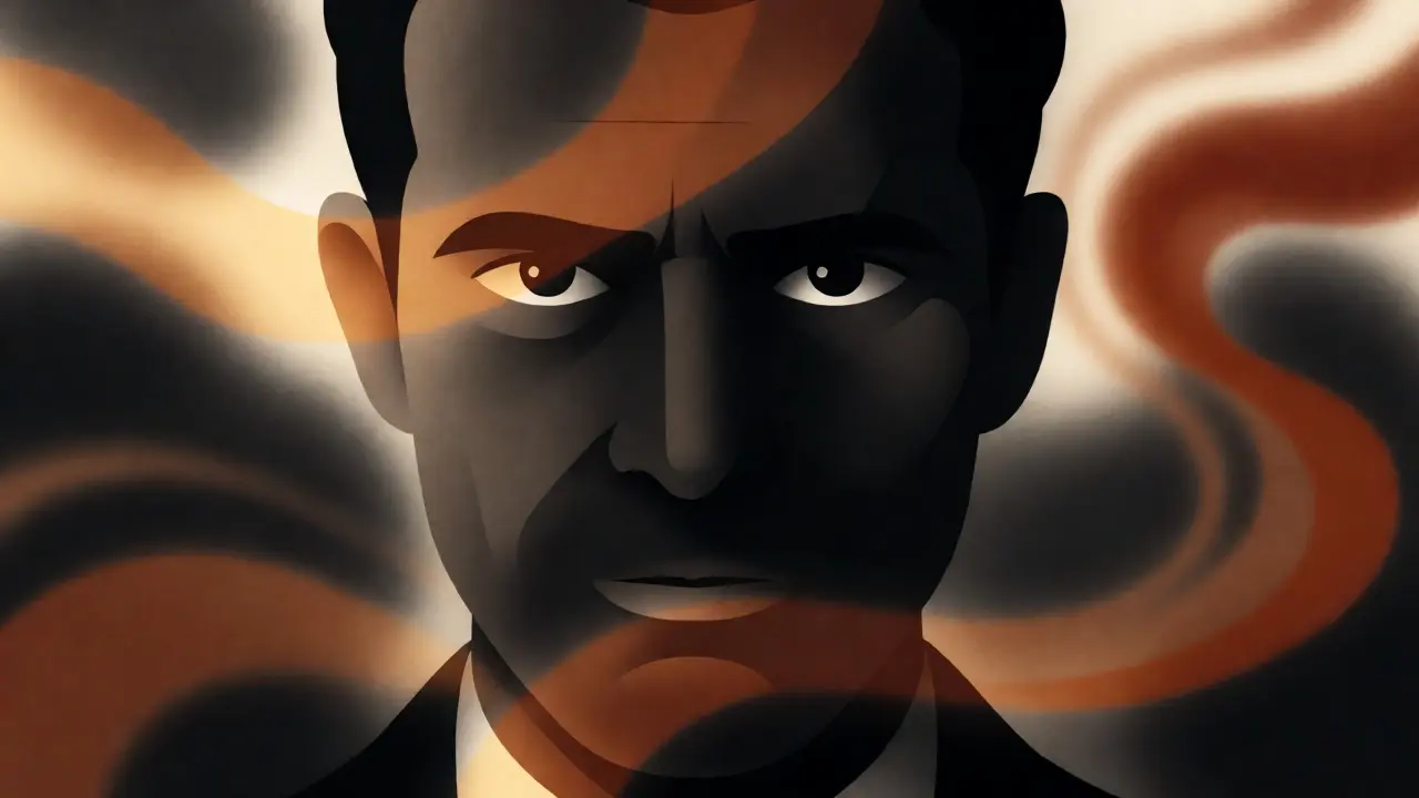 Portrait abstrait d'un homme isolé entouré de fumée noire et dorée, évoquant la solitude et l'ambition.