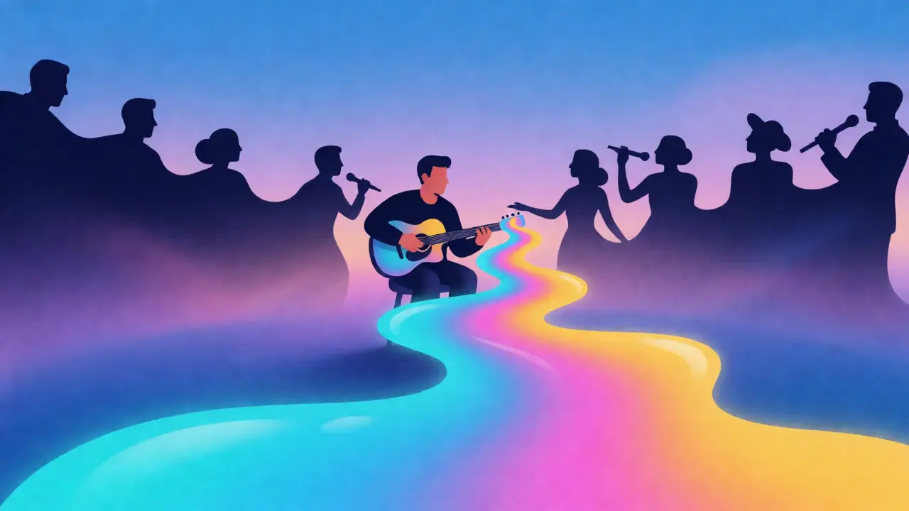 Représentation surréaliste de la musique fluide s'étirant en silhouettes d'acteurs pour illustrer les plans-séquences.