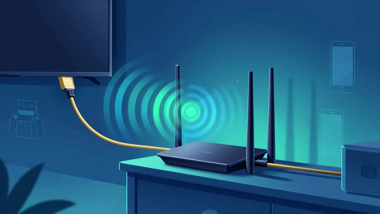 Routeur moderne diffusant des signaux Wi-Fi vers les appareils connectés