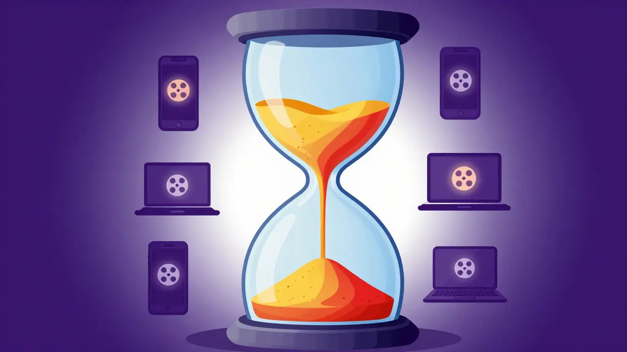 Sablier coloré entouré d'appareils numériques illustrant la limite de temps