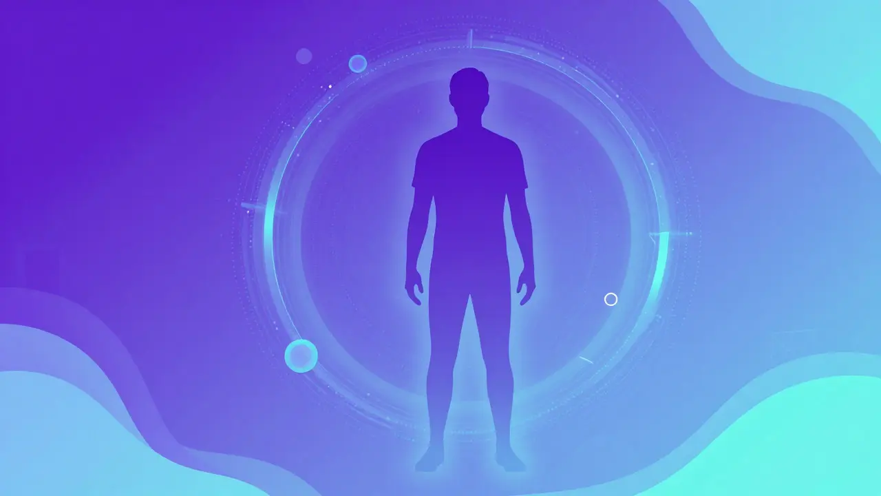 Silhouette humaine sur fond numérique fluide représentant la technologie des fonds virtuels