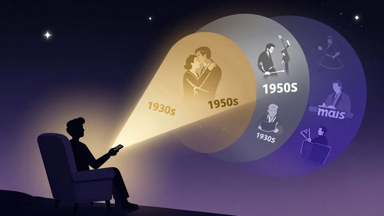 Silhouette regardant un tunnel de couleurs représentant l'histoire du cinéma
