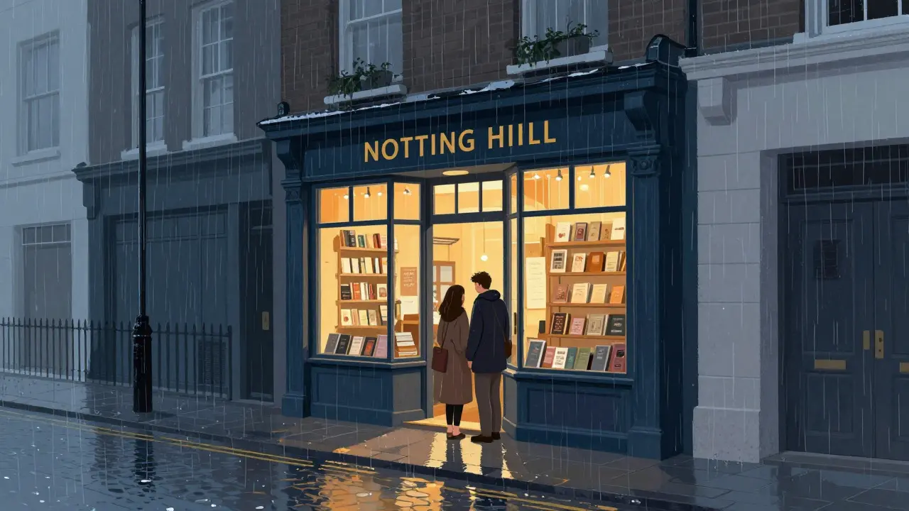 Vue de rue londonienne pluvieuse devant une petite librairie éclairée au coucher du soleil