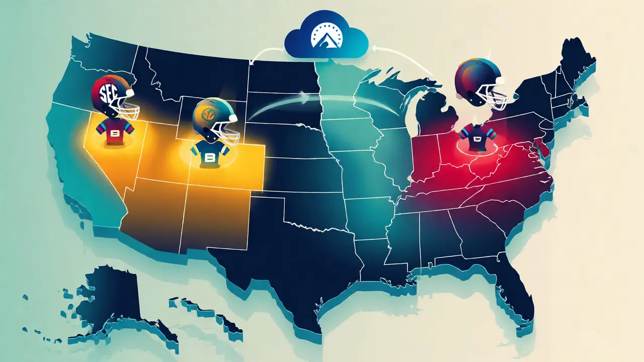 Carte des États-Unis en dégradés mettant en évidence les conférences SEC et Big Ten.