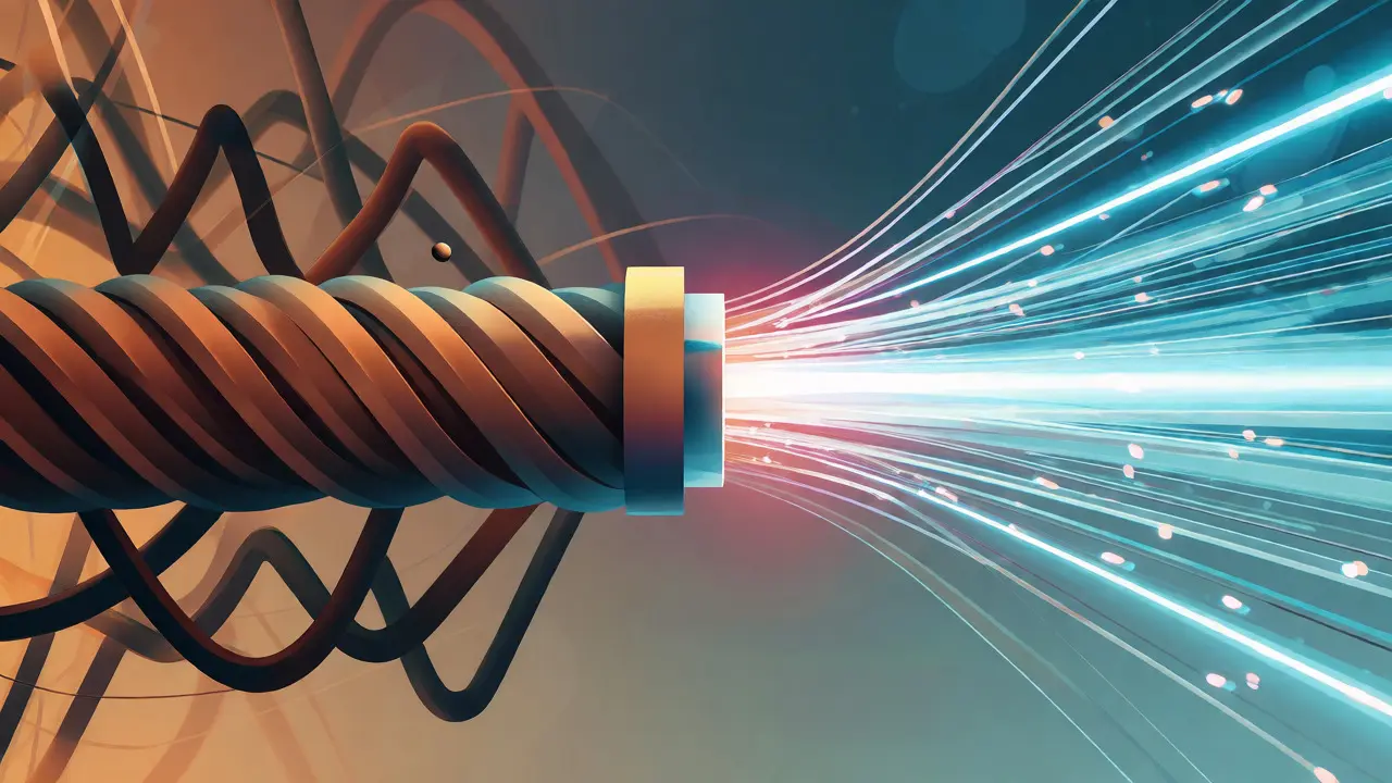 Comparaison visuelle abstraite entre des câbles cuivre lents et des fibres optiques rapides.