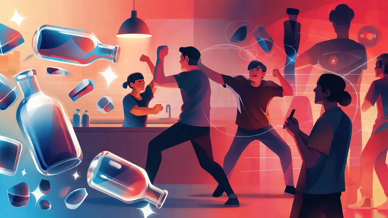 Conception chorégraphiée d'une bagarre avec effets visuels stylisés.