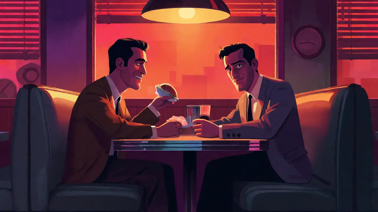 Deux hommes assis dans un diner rétro, une ambiance détendue mais teintée de tension sous-jacente.