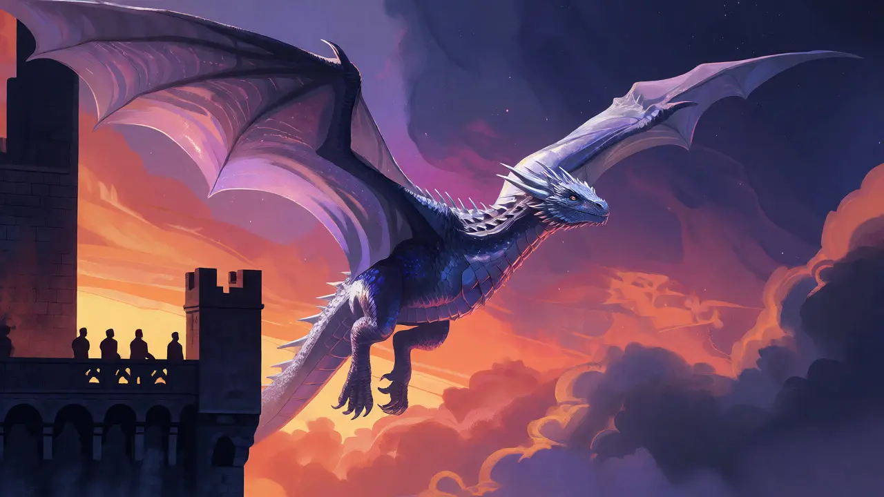Dragon majestueux volant au-dessus d'un château au crépuscule