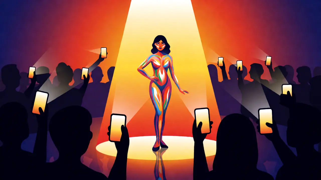 Femme au centre d'un cercle lumineux entourée de silhouettes avec téléphones, critique du spectacle social.