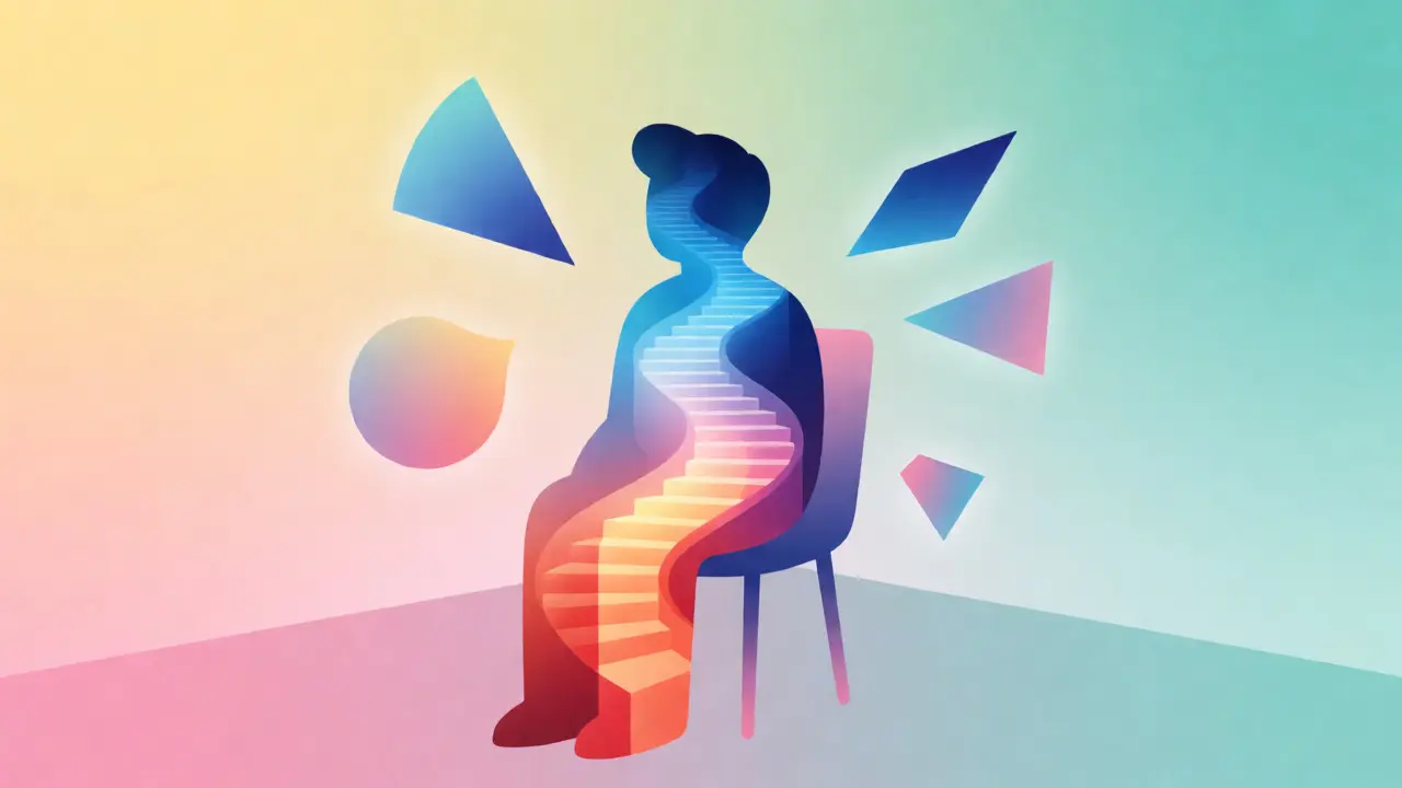 Illustration abstraite de la structure émotionnelle d'un monologue avec une escalade intérieure lumineuse.