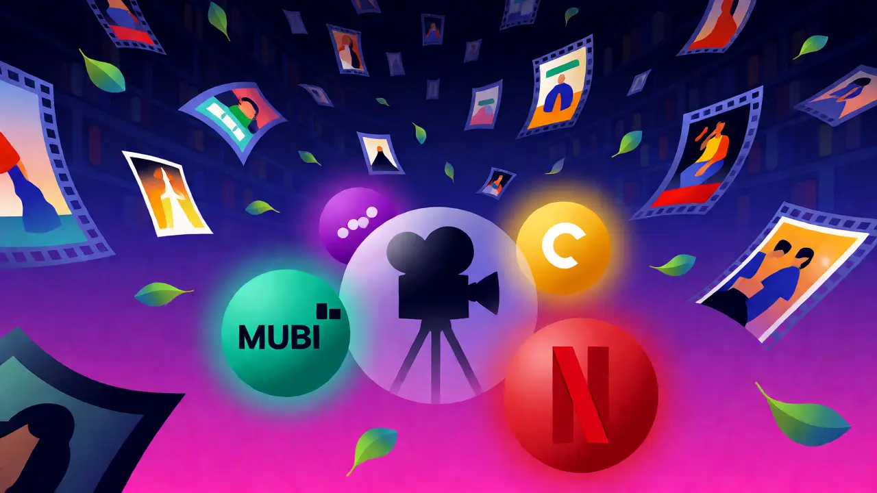 Illustration abstraite de posters et bobines flottant autour d'orbes lumineux représentant les plateformes de streaming.