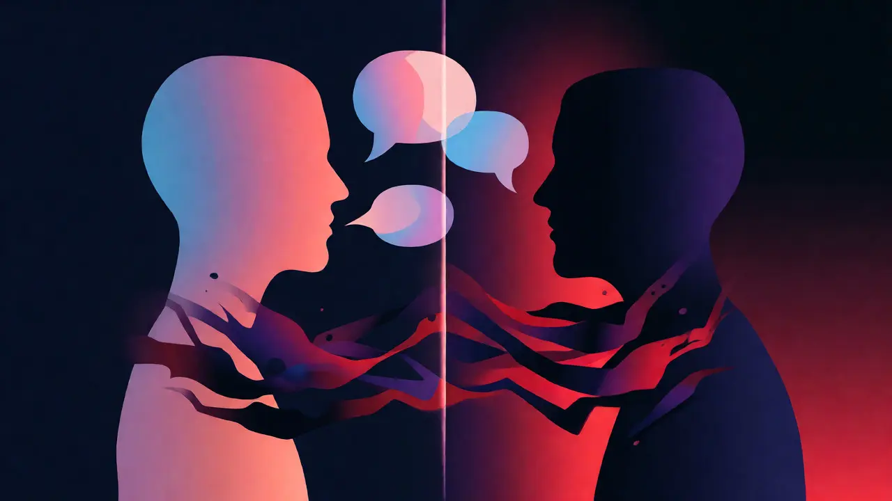 Illustration abstraite montrant la divergence entre les paroles dites et les émotions ressenties.